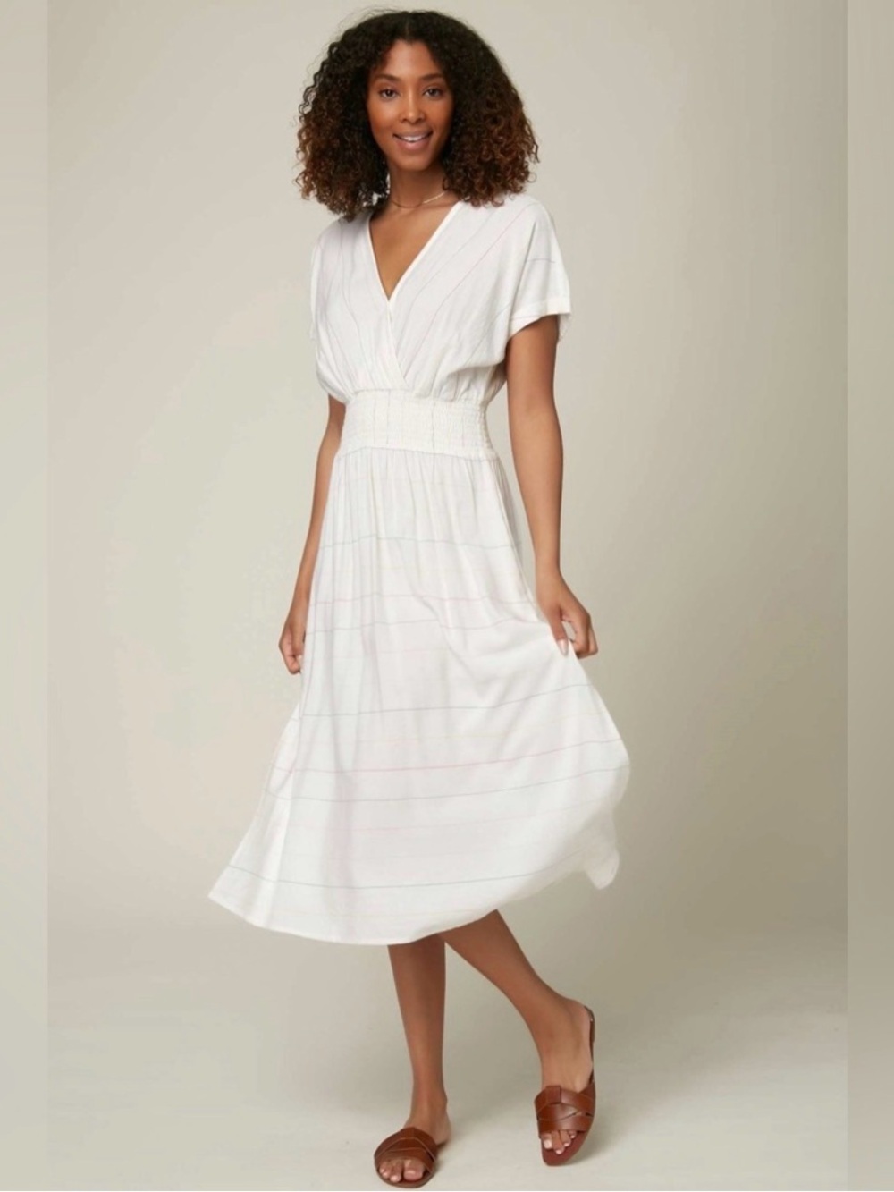 O’Neil White V-Neck Smocked Waist Midi Dress